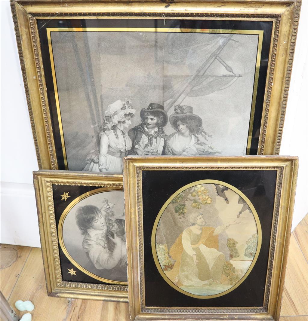 A Regency silkwork panel of St Francis, 27 x 22cm and two eglomise framed prints